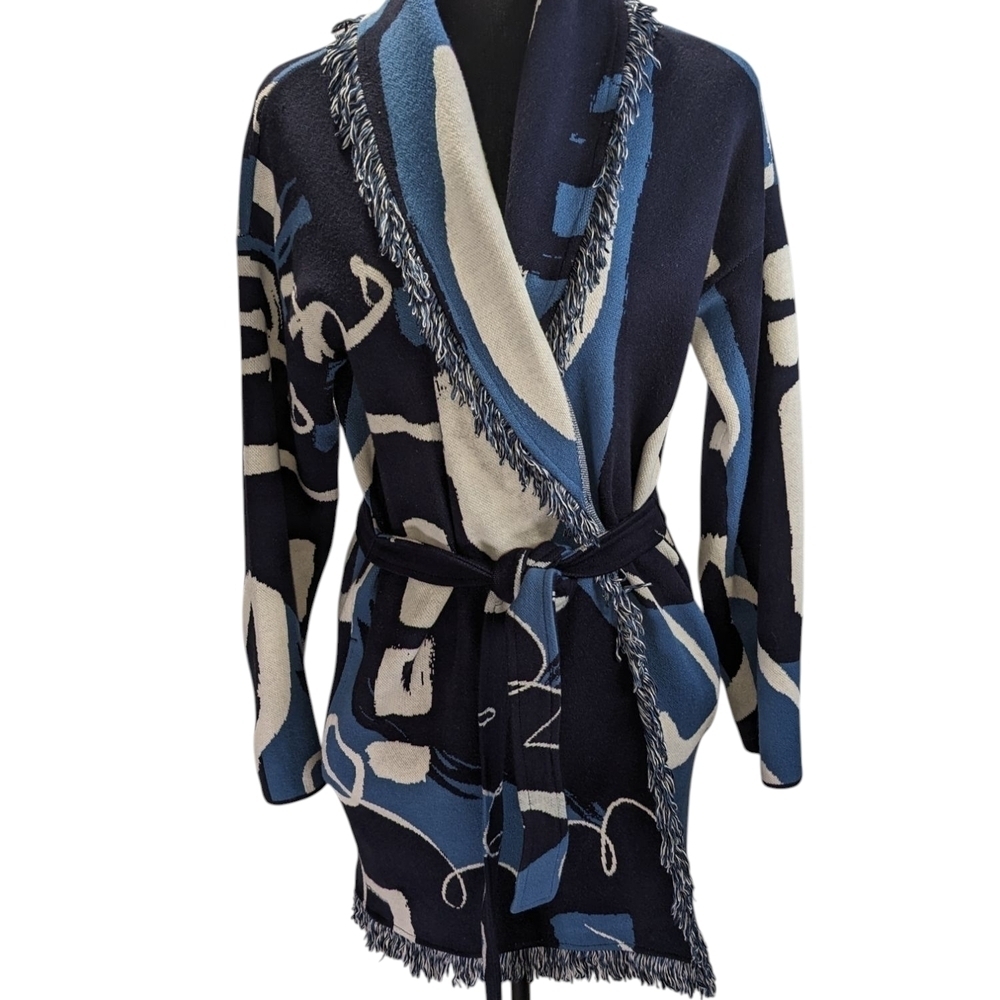 Chico's Blue and Cream Patterned Cardigan Size Med Art To Wear Boho Layering